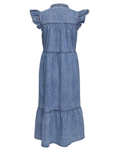 Only - ONLShania Frill Midi Denim Kjole - Medium Blue Denim